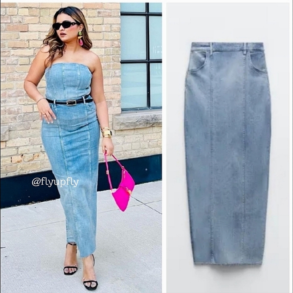 Zara Blue Denim Straight Midi Skirt - Picture 7 of 13